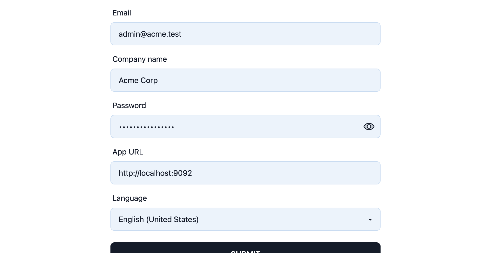 SealRoute /setup form filled with sample data
