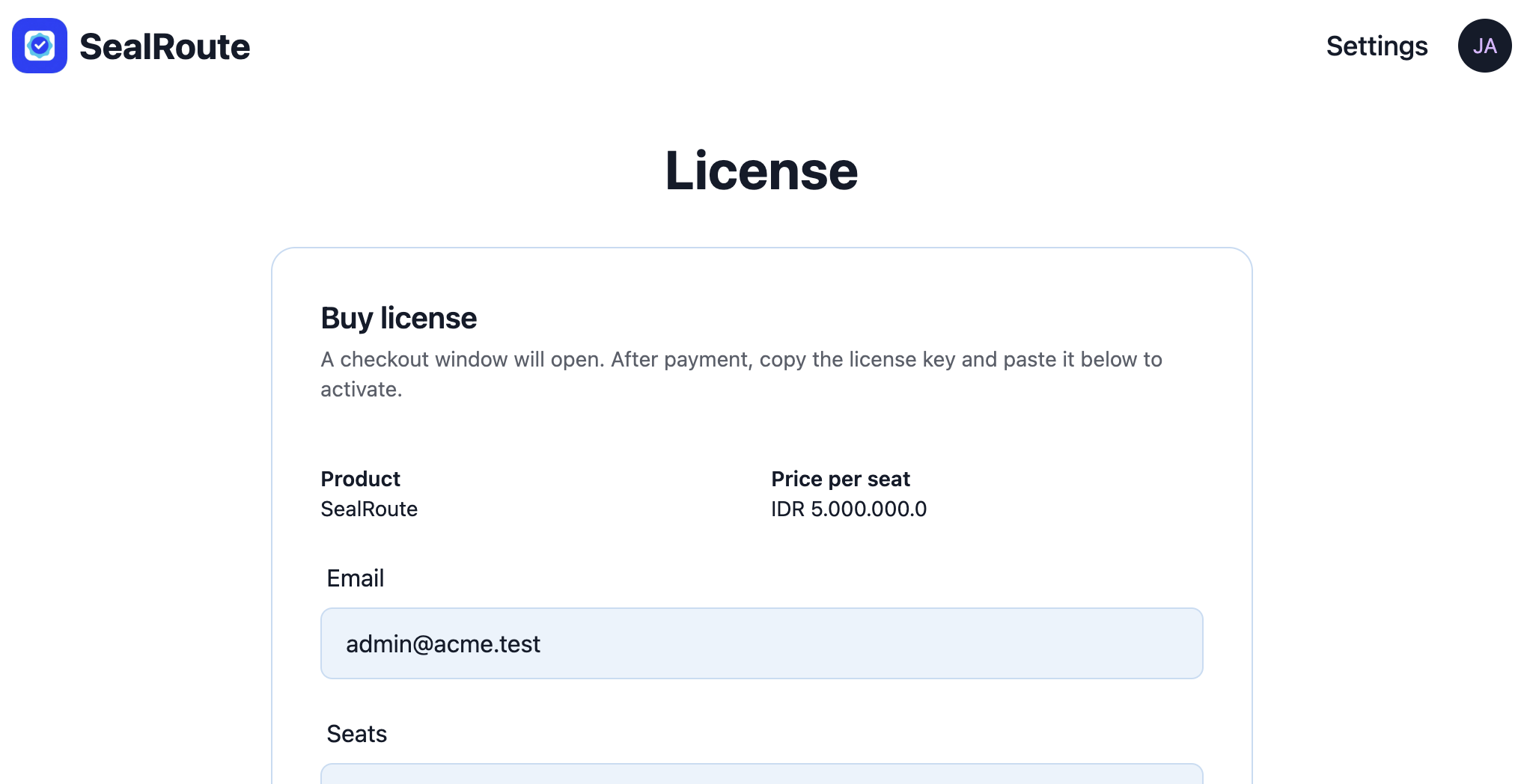 SealRoute /license page showing Buy license and Activate license cards