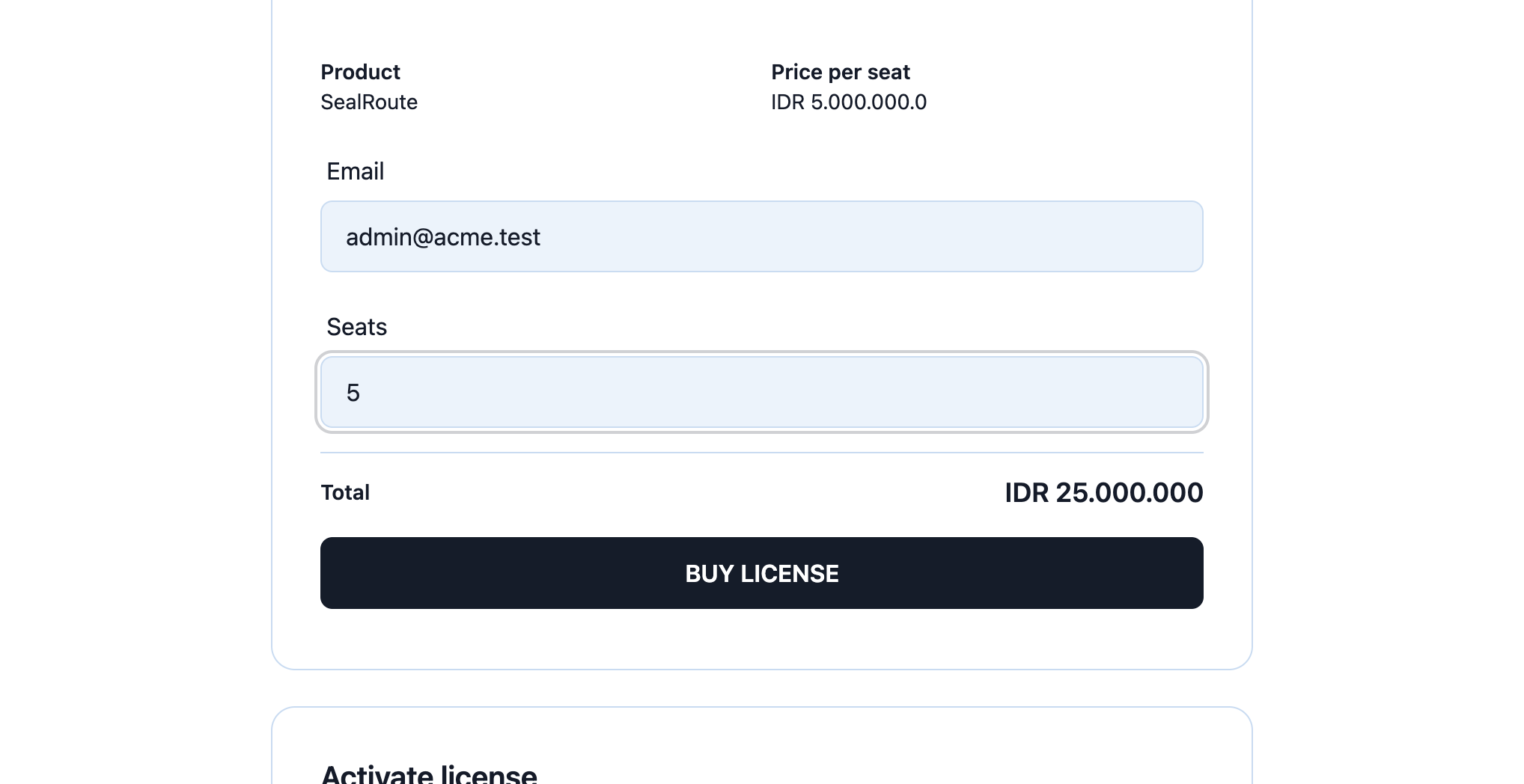 Buy license card with seats set to 5 and total recalculated to IDR 25.000.000