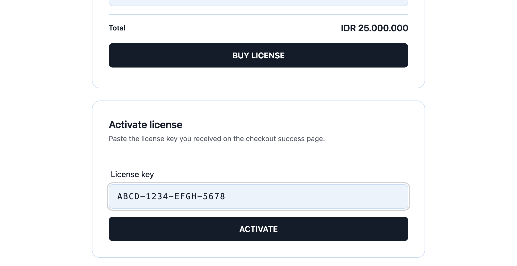 Activate license card with a sample XXXX-XXXX-XXXX-XXXX license key pasted in