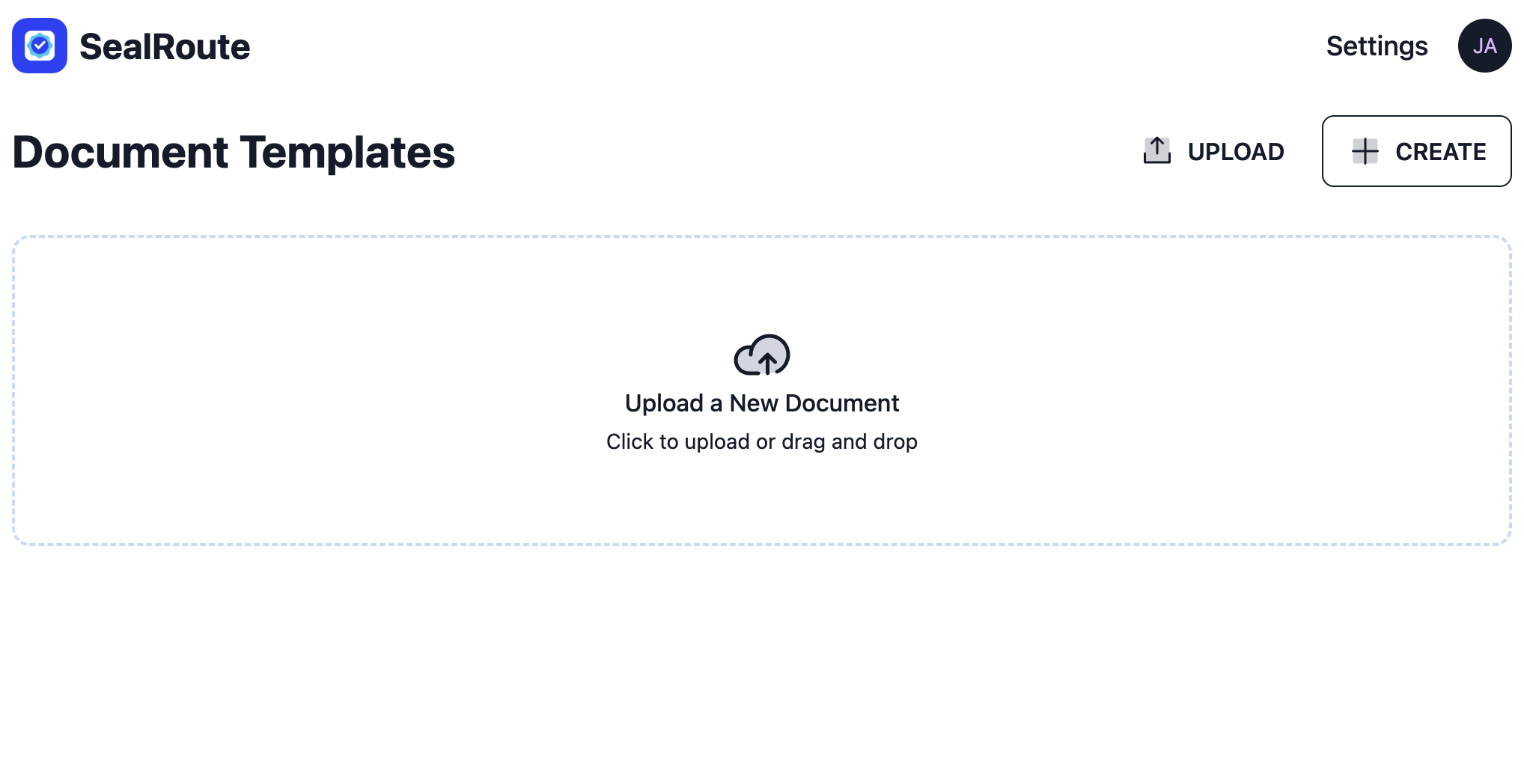 Empty SealRoute Document Templates dashboard ready for the first upload